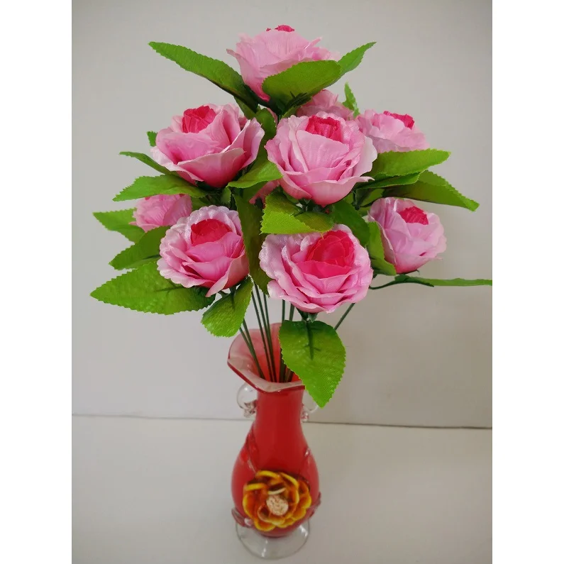 12 Heads Pink Rose Artificial Flower Bush For Sale Single Stem Flowers