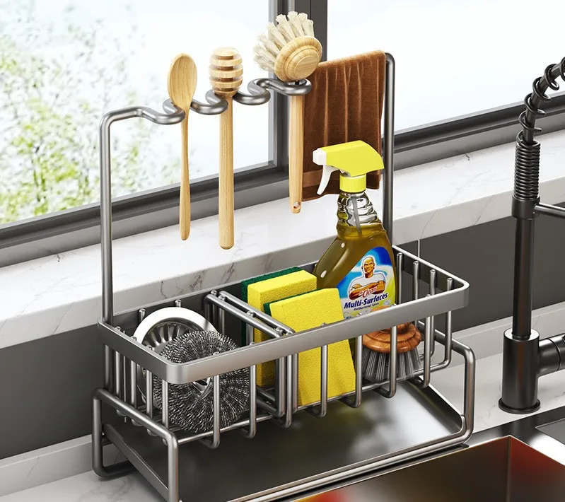 New Design Storage Holders Racks Spice Racks Kitchen Sink Organizers With Sliding Drawer Drain Basket Kitchen rack with rag bar