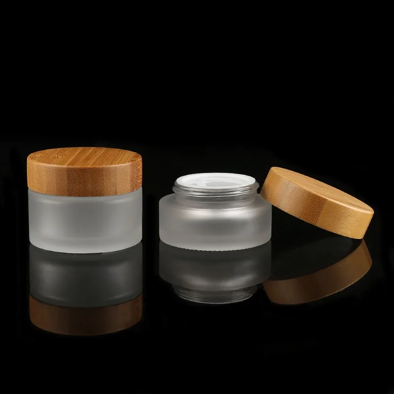 Custom 30g 50g Glass Body Butter Containers Face Cream Jar Frosted Round Cosmetic Glass Jars With Bamboo Cap
