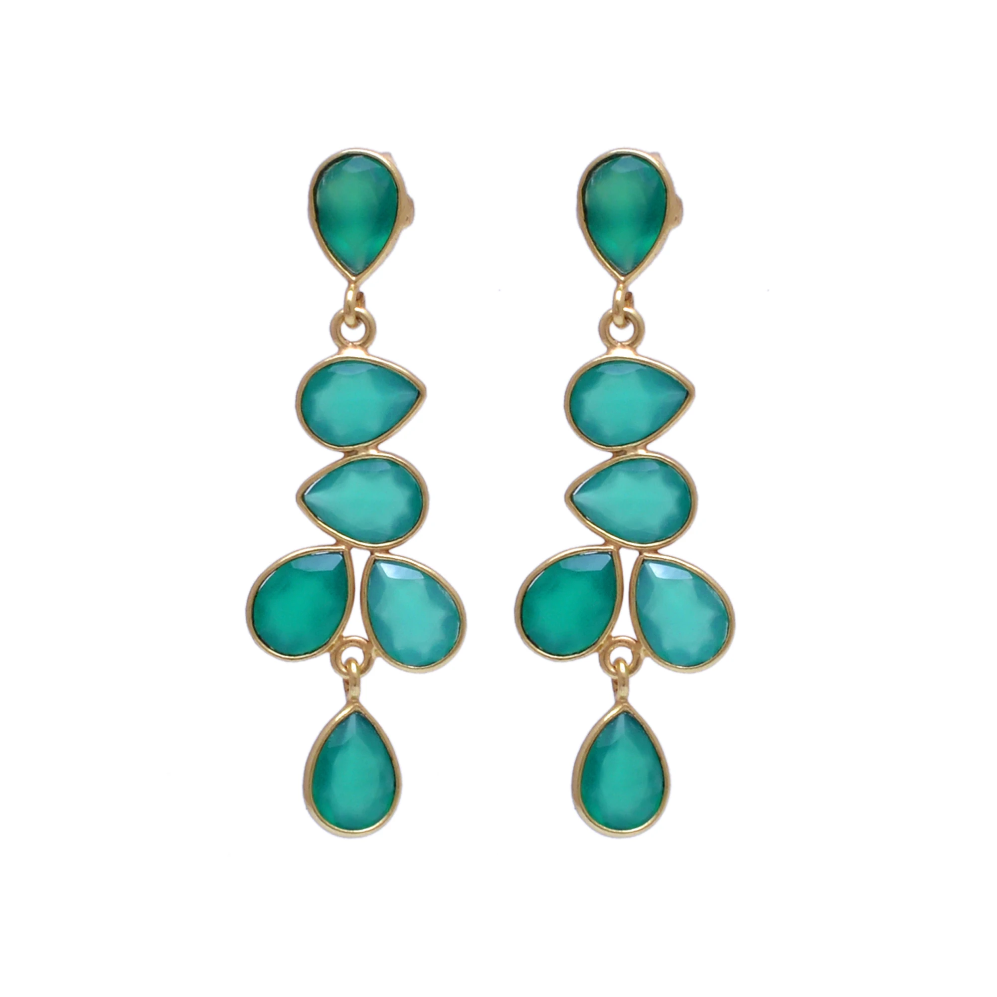 gold plated solid 925 sterling silver jewelry genuine green onyx gemstone chandelier earrings handmade jewelry casa de plata