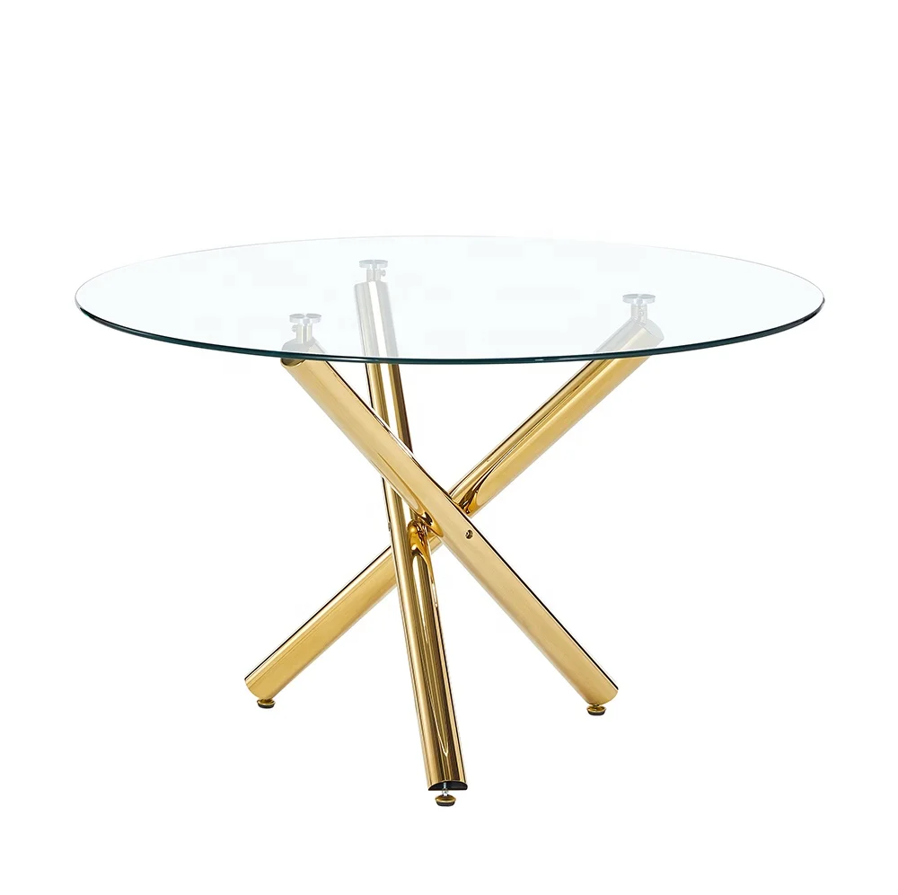 Modern Dining Furniture Luxury Golden Metal Round Table Tempered Glass Top Dining Table for Home