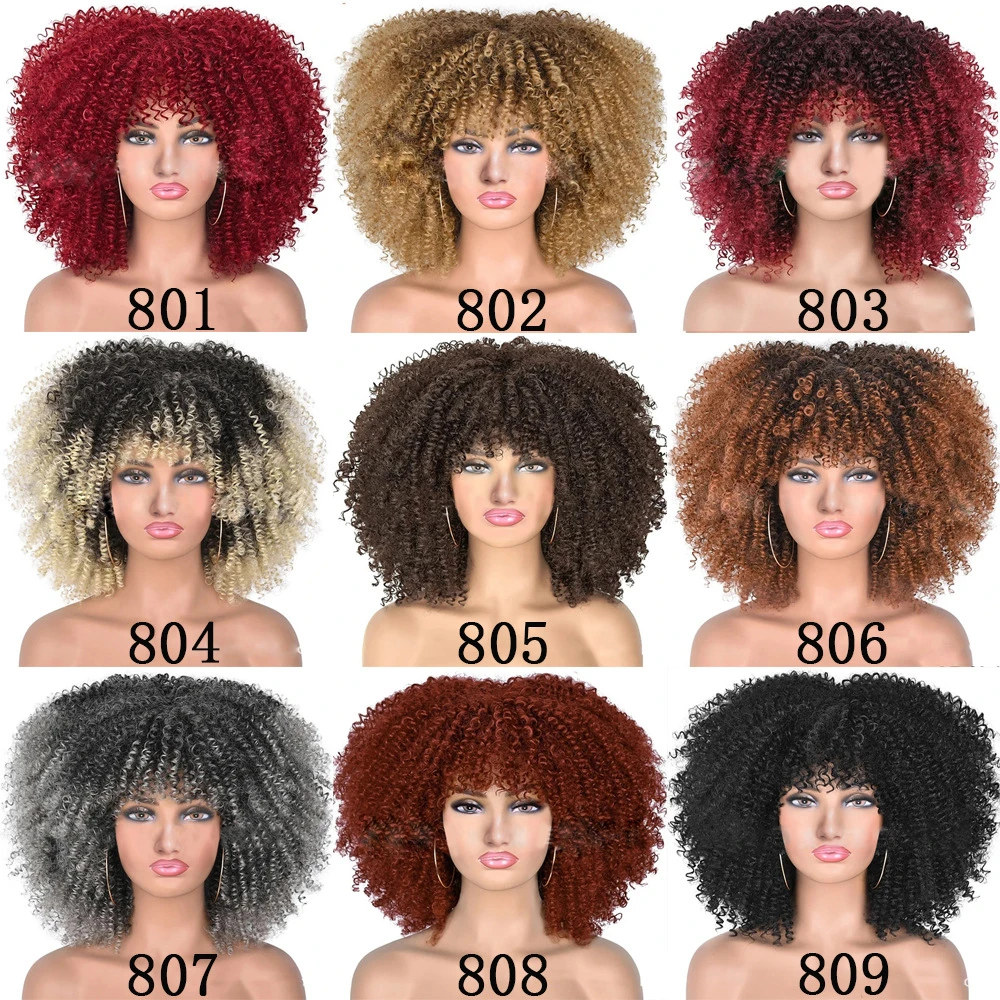 Synthetic Heat Resistant Fiber Short Curly Wine Red Wigs Jerry Curly Hair Wigs With Bangs Afro Kinky Curly Wigs For Black Women