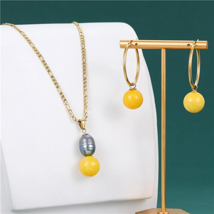 High quality waterproof stainless steel necklace natural stone pendant necklace earring set manufacturers direct sales