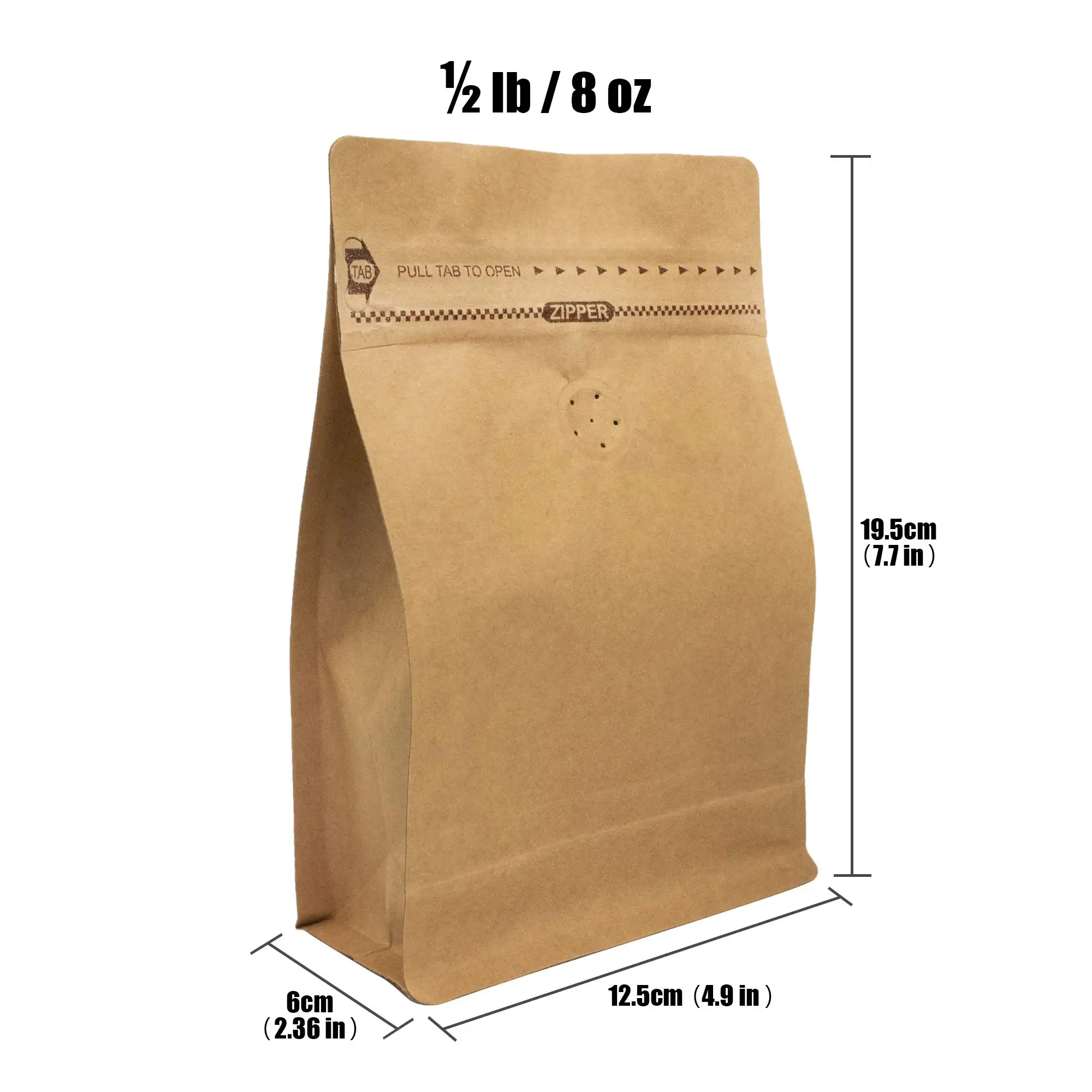 Flat Bottom Pull Tab Zipper compostable Natural Kraft coffee bags valve
