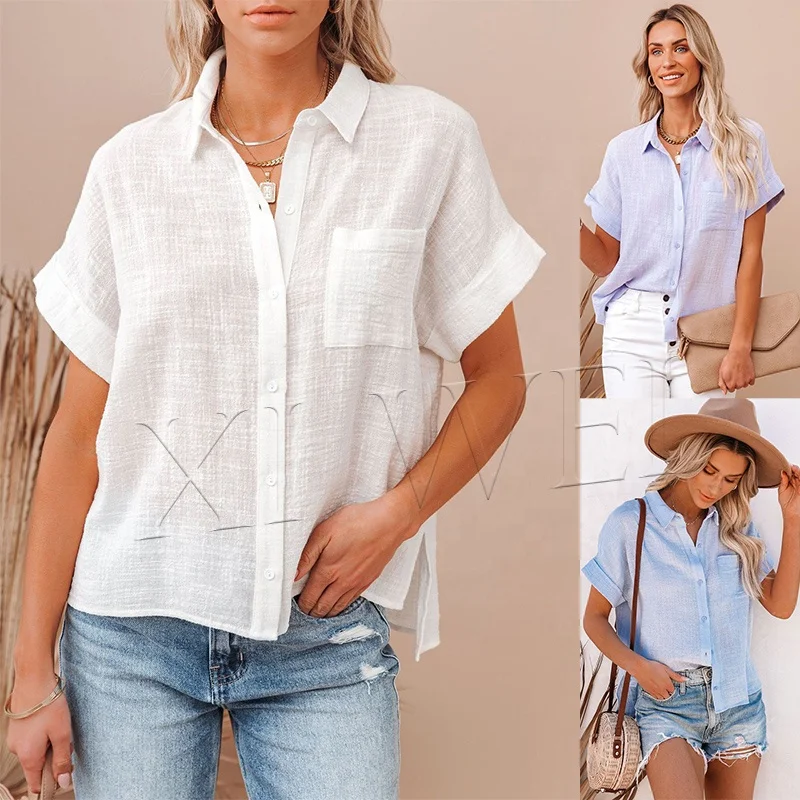 Женская рубашка с коротким рукавом, Повседневная простая однотонная хлопковая офисная рубашка с отложным воротником и карманами на пуговицах, новинка 2021