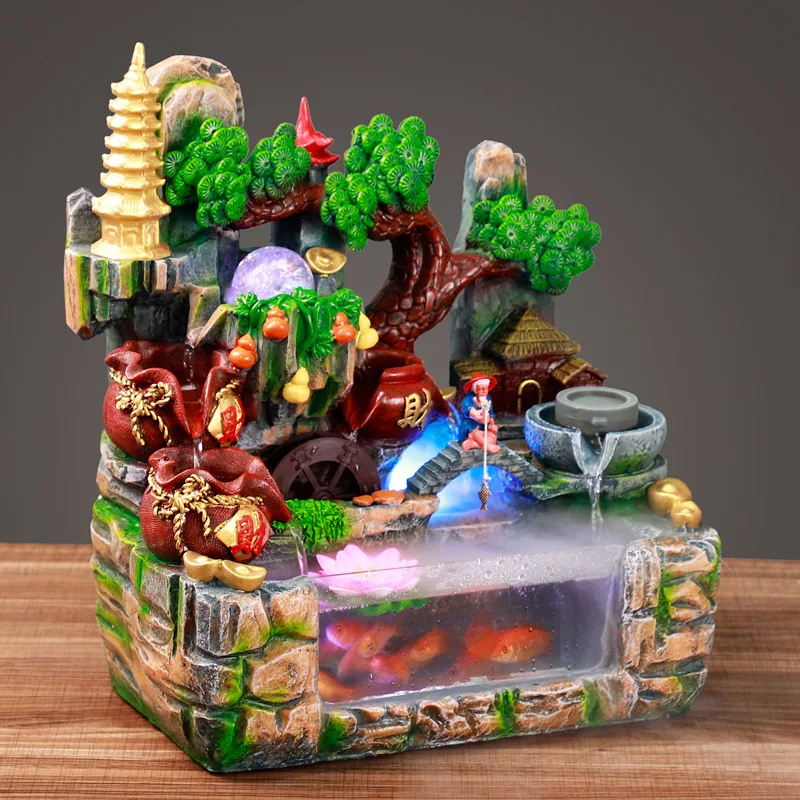 Fish tank landscape rockery water fountain Feng shui wheel crafts home bonsai creative resin decoration