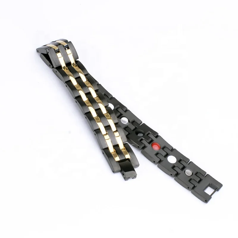 China factory wholesale gold color plated stainless steel and black ceramic 4 in 1 bio energy magnetic healthy bracelet