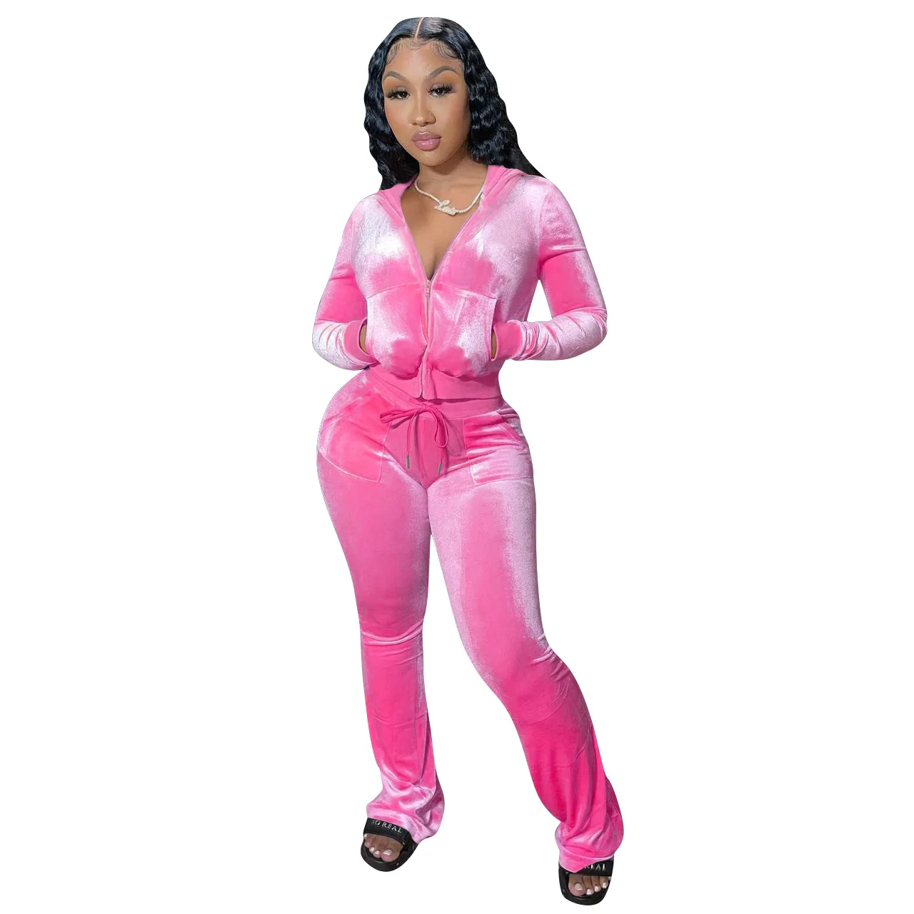Women sweatpants and hoodie set of two piece pocket flared pants low cut long sleeved velvet track suit hoodie and jogging set