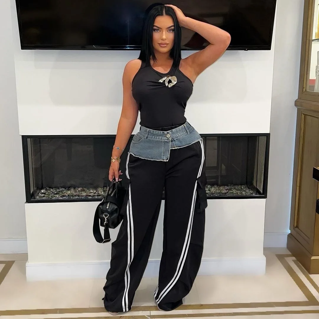 Fashion casual high waist denim patchwork loose sweatpants women wide leg sport pants