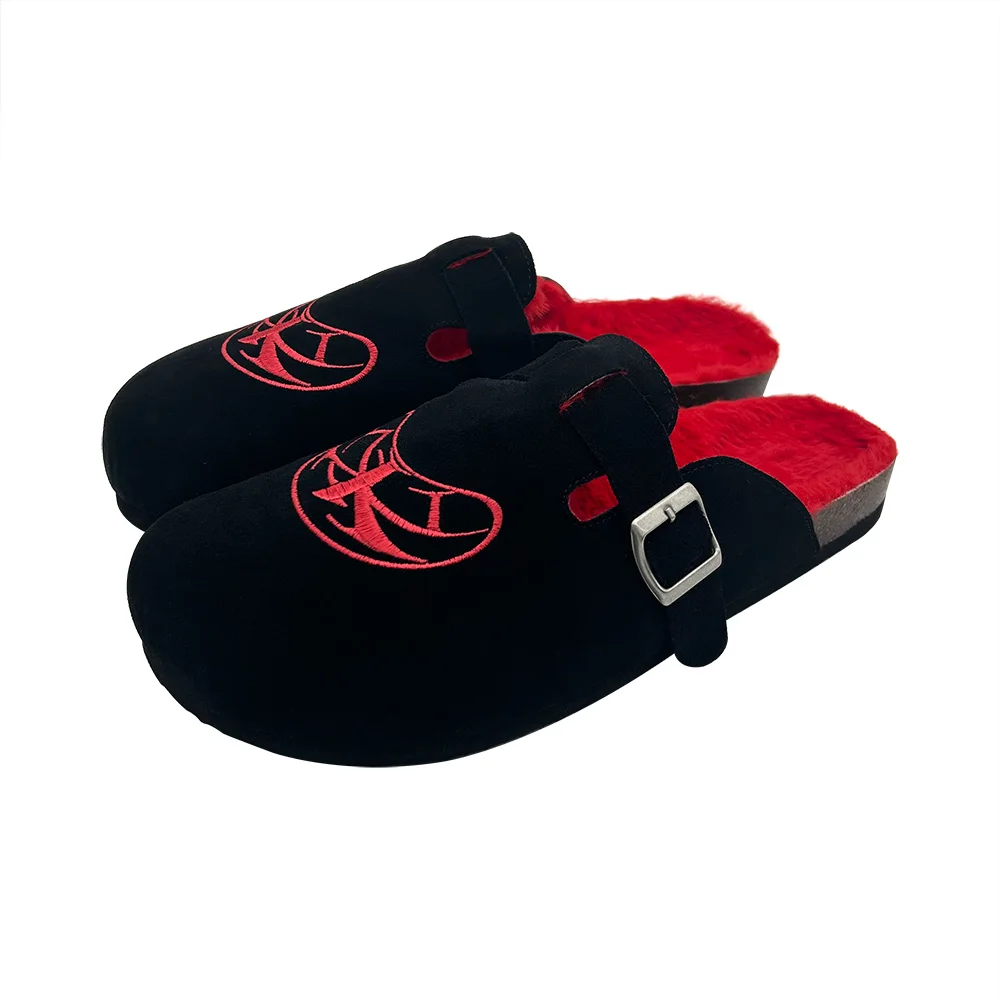 Custom Half-pack Clogs for Men Suede Mules with Arch Support Fur Lined Clogs with Adjustable Buckle Slip-On Clogs Cork Slippers