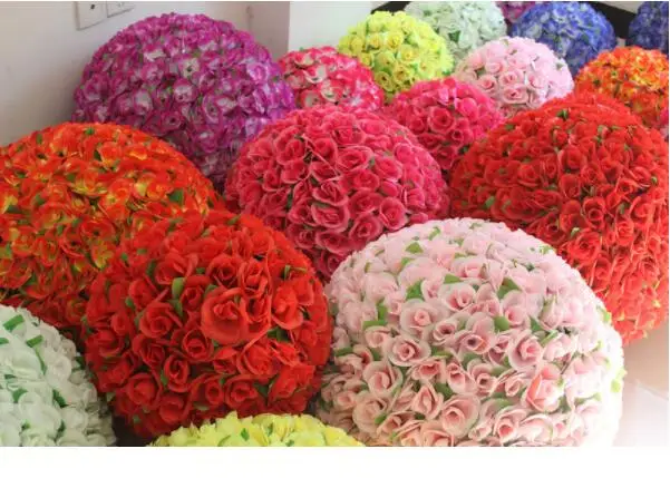 New style 12 inch silk artificial rose flower ball with green leaf  for  wedding centerpieces  decorations