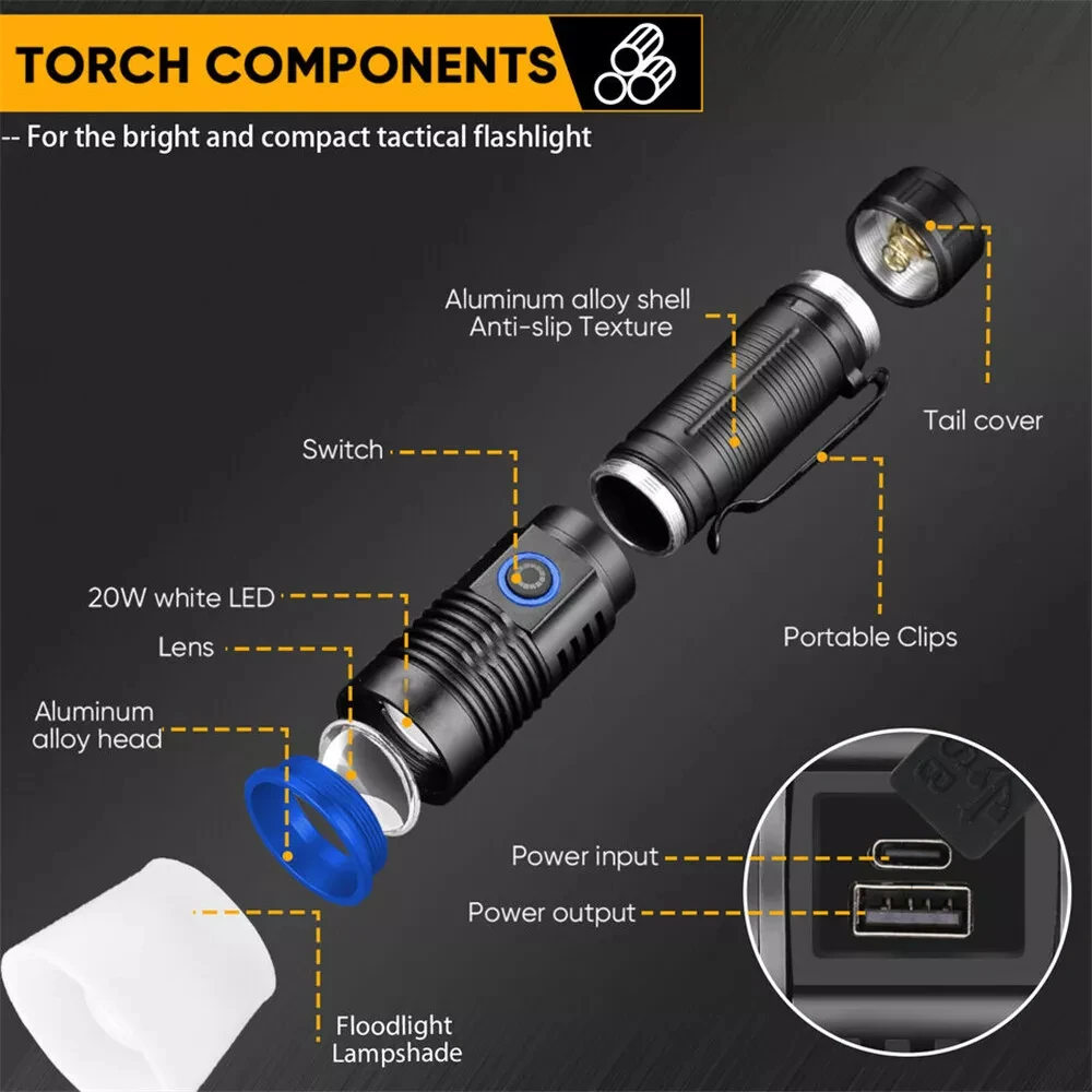 White Laser Power Bank with Tail Magnet, Telescopic Zoom, Rechargeable via USB, LED Tactical Torch for Outdoor - Flashlights