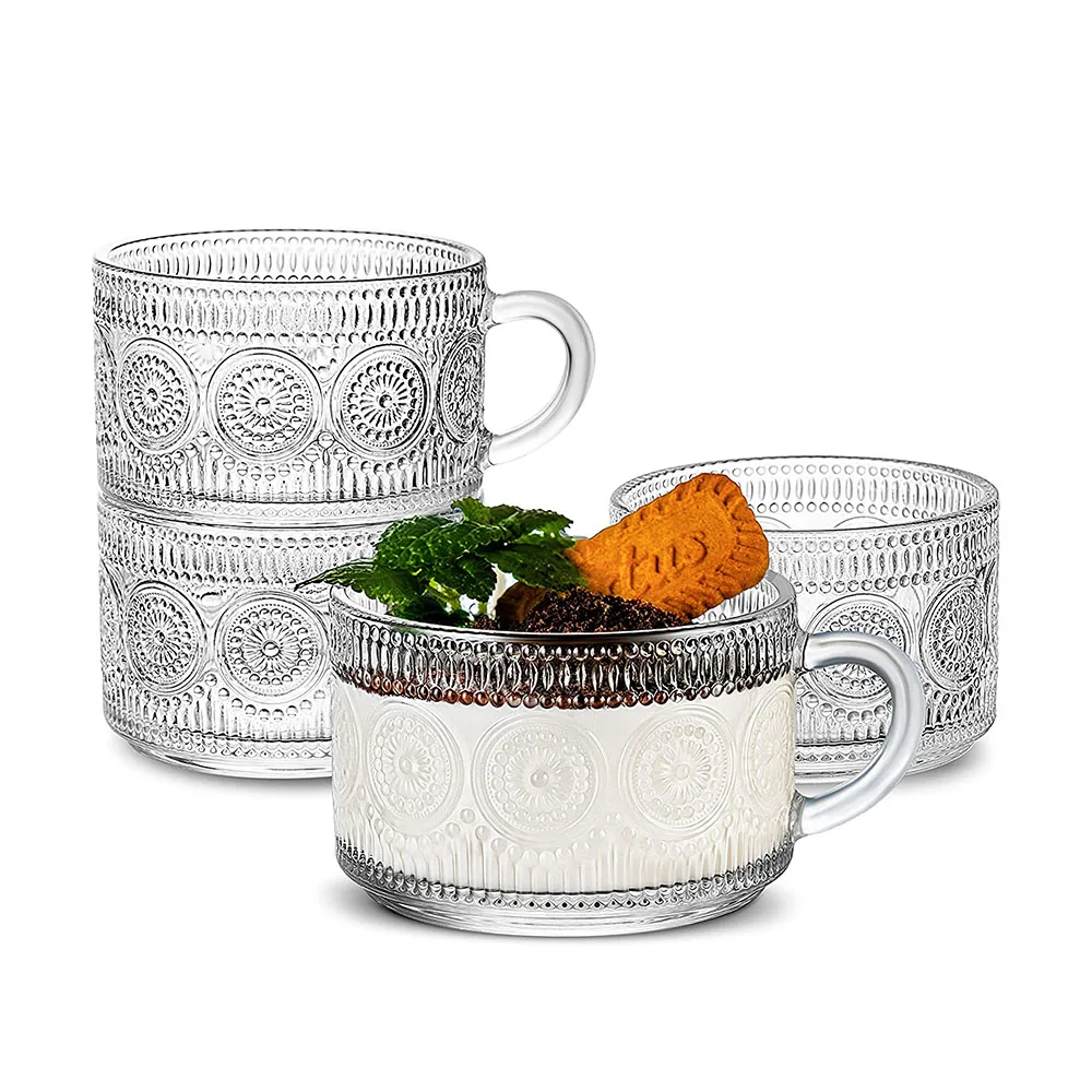 Vintage Glass Coffee Mugs 14 Oz Set of 2 Clear Embossed Tea Cups, Glass Coffee Cups