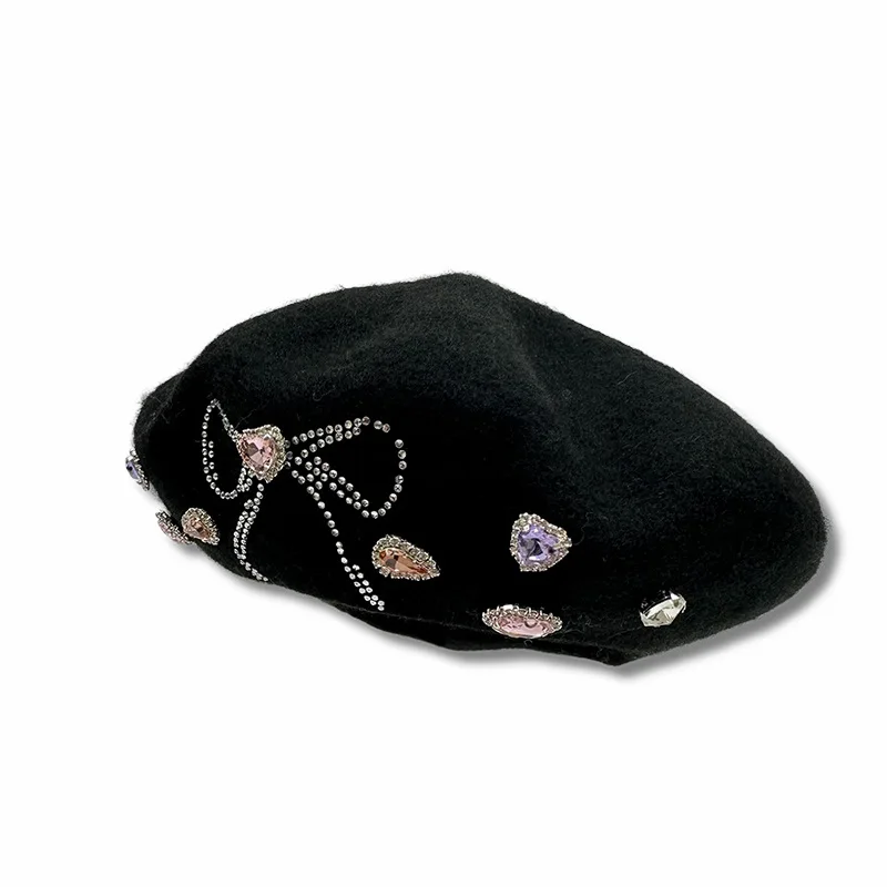 High quality autumn/winter wool beret Ladies warm vintage Painter hat Rhinestone hat