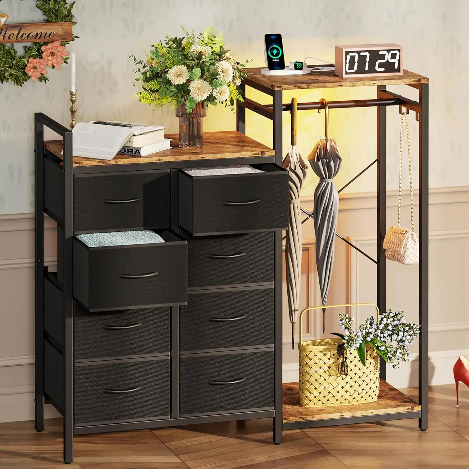 Factory direct 8 drawer dresser with charging station and LED light closet in living room Wheeled Kitchen Storage Rack