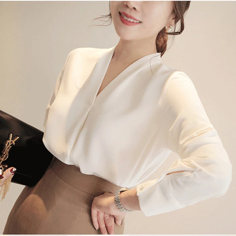 Women Shirts Long Sleeve Solid White Chiffon Office Blouse Clothes Tops  2021