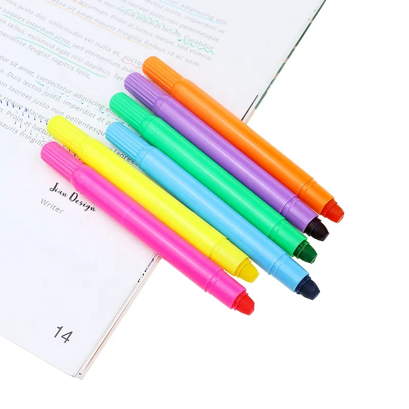 BECOL High Quality Custom 6pcs Twist Highlighter Marker Pen Fluorescent Colorful Solid Highlighter Wax Marker Pen Set