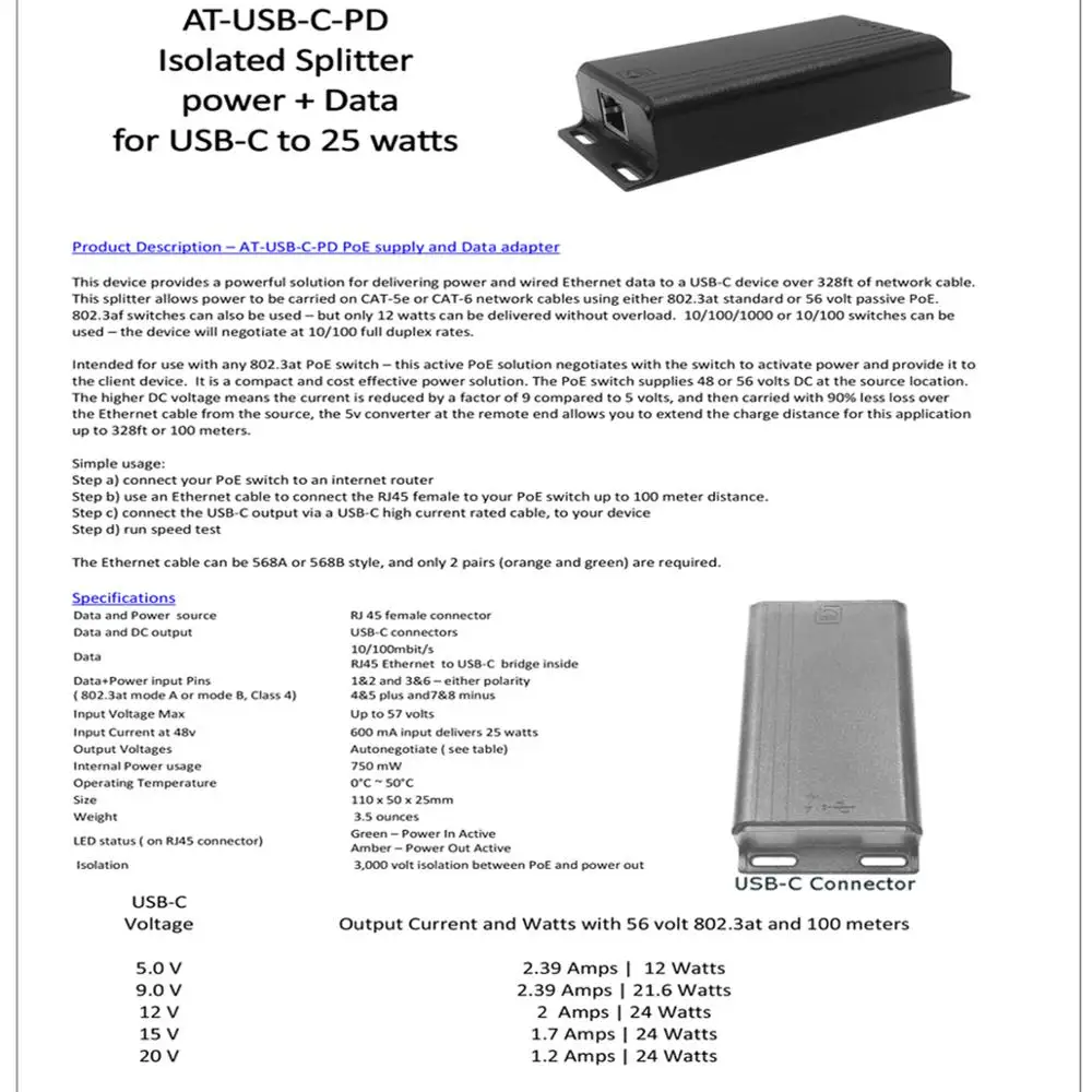 PoE+ to USBC Power + Data Compatible with Tablet Computer Like Microsoft Surface Go, Samsung Galaxy Tab, Google Pixel Phones