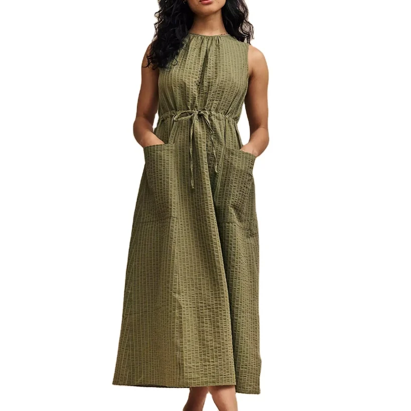 Summer Wholesale Basic Style Ladies Round Neckline Sleeveless Front Pockets Textured Midi Dresses