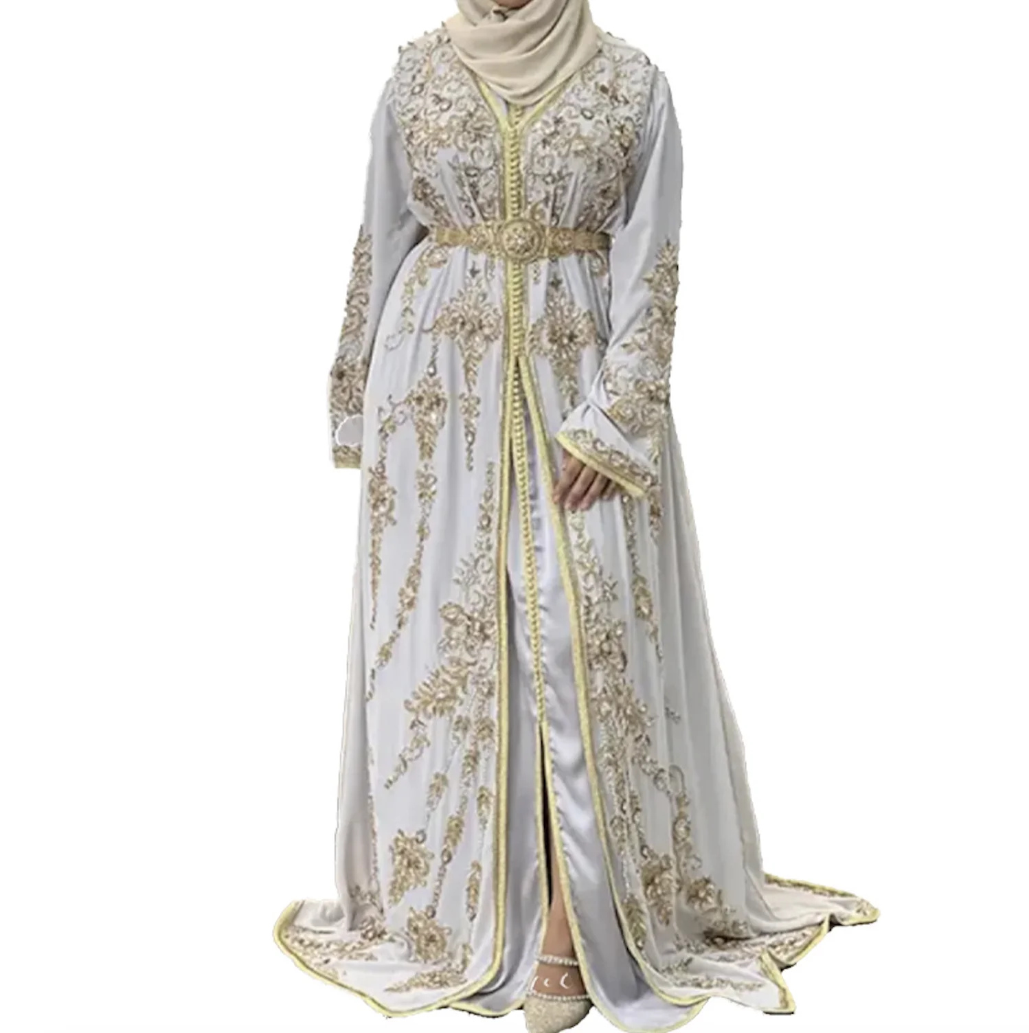 OEM Custom Handwork Luxury Embroidered Crystal Dubai Kaftan Muslim Maxi Long Dresses Moroccan Kaftan With Belt