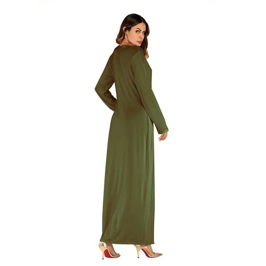 Mid East Hottest Solid Color Robes Plus Size Muslim Dresses Women Casual Abaya Crew Neck Shirts Islamic Maxi Dress With Pocket