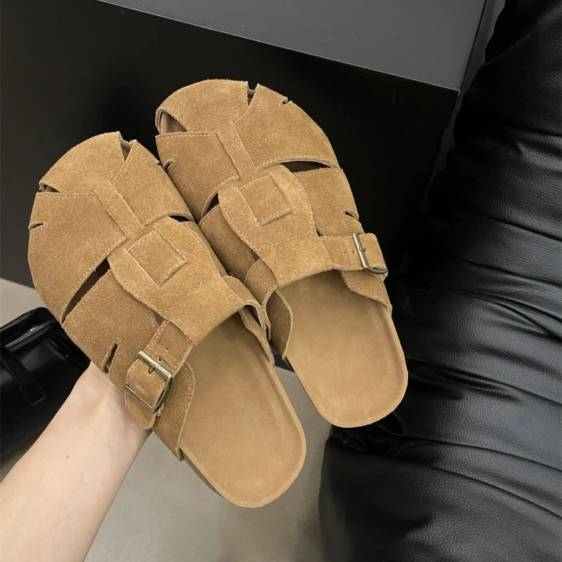 Custom New Design Women Unisex Fashion Cow Suede Closed Toe Clogs Sandals Beach Slides Cork Sole Slipper for Men Ladies