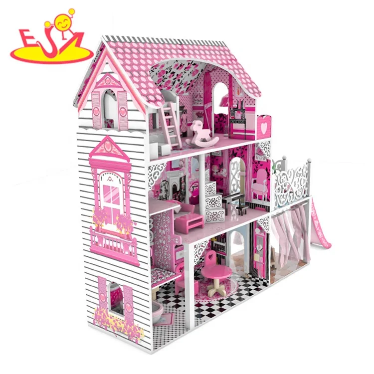 New hottest children pretend play wooden big doll house with slide W06A442