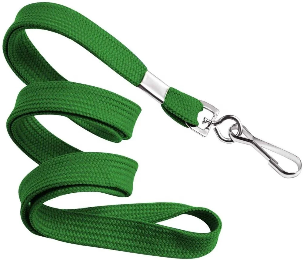 green Non-breakaway durable woven Tubular braided Flat Lanyards for ID Badges Comfortable Neck Straps