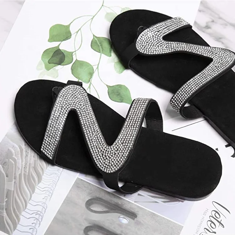
Summer Casual Soft Black Glitter Women Bling Diamond Shoes Rhinestone Slides Slip-on Women Flat Sandals 
