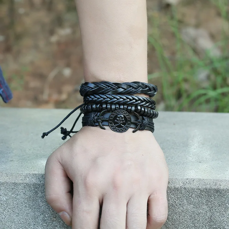 Retro DIY woven imitation cowhide bracelet for men pirate skull style leather bracelet set
