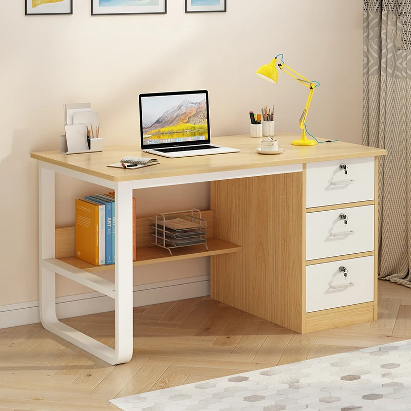 Modern Furniture Metal And Wooden Computer Table And Student Study Writing Desk With Drawer and Bookshelf For Home Office