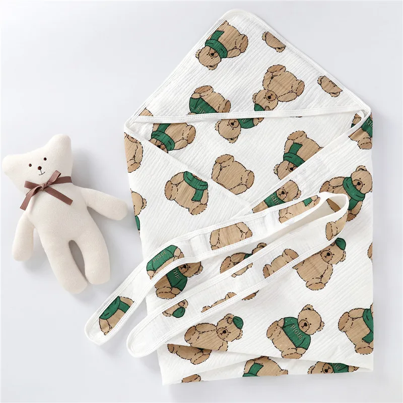 Dropshipping cotton newborn baby hospital muslin swaddle flannel plain receiving hoodie baby swaddle wrap blanket with belt