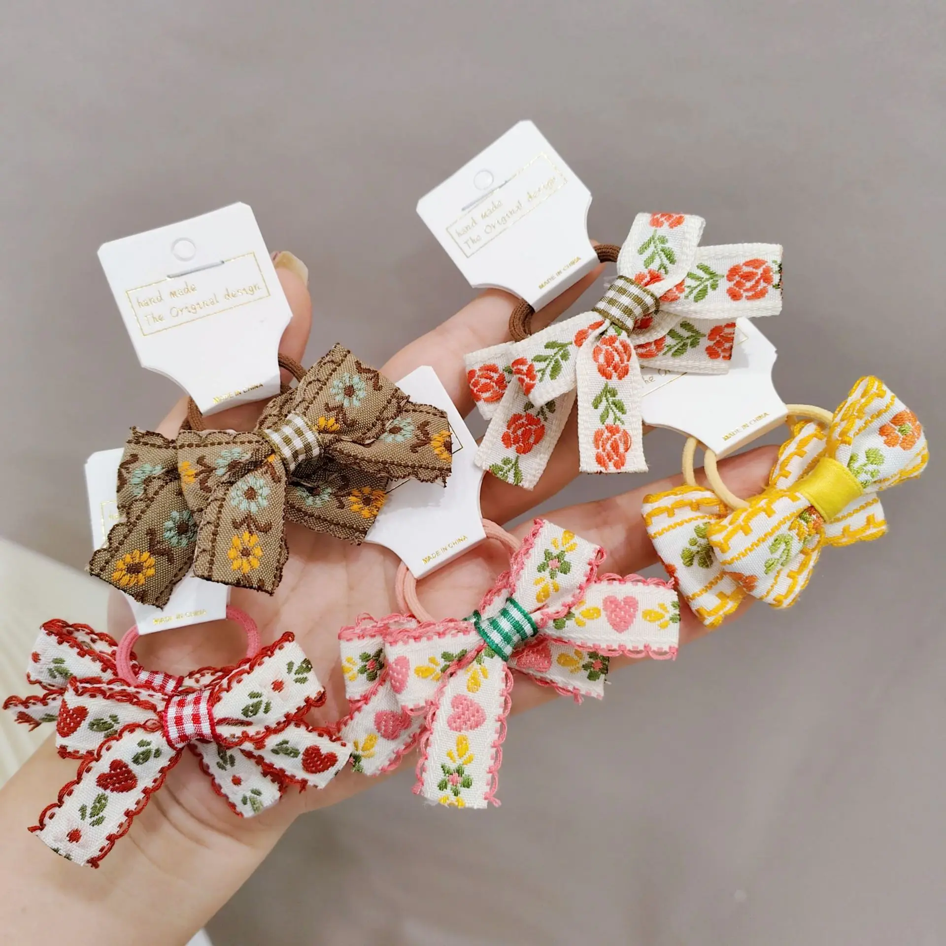 Ethnic Style Baby Accessories Embroidered Bow Hair Ties Fashion Bowknot Hair Ropes for Girls Wholesale Elastic Hair Band