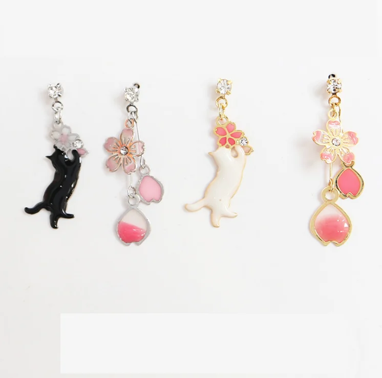 2020 newest women jewelry asymmetric cherry blossom earrings fashion cute japanese cat earrings for girls