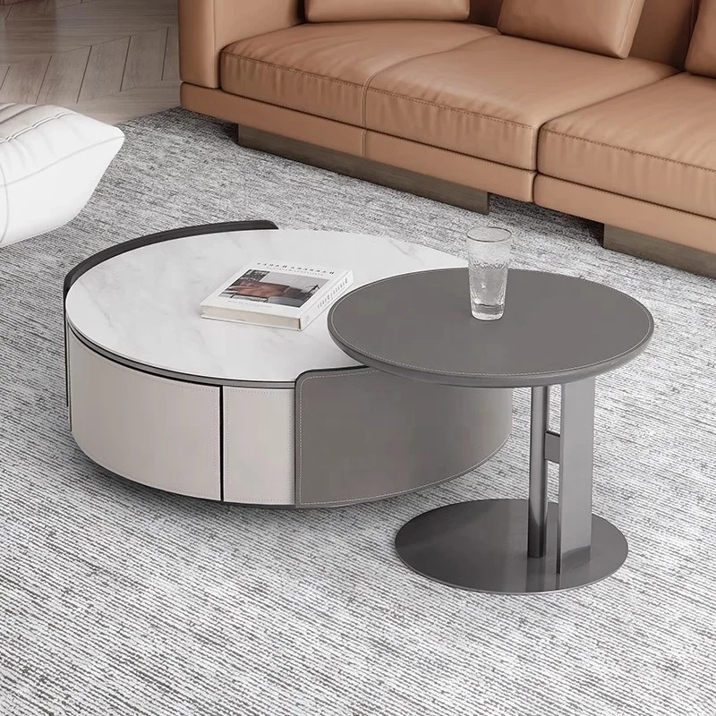 Italian light luxury designer circular storage coffee table Creative saddle leather coffee table