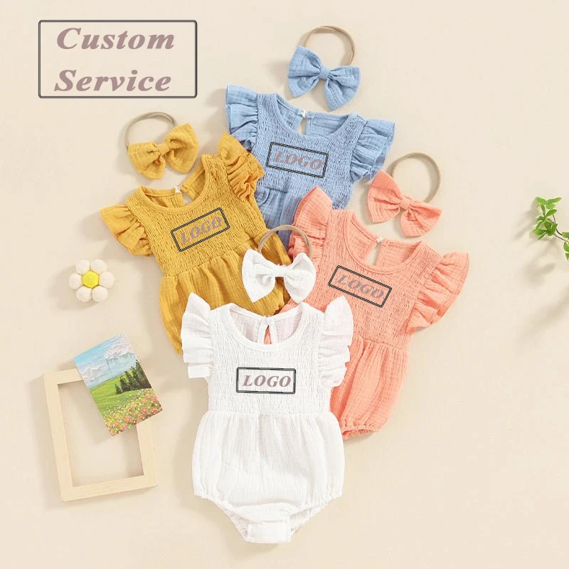 Flutter Sleeve Summer Plain Baby Girls Clothes Custom Ruffle Child Bubble Rompers Ruched Kids Muslin Onesie Overalls
