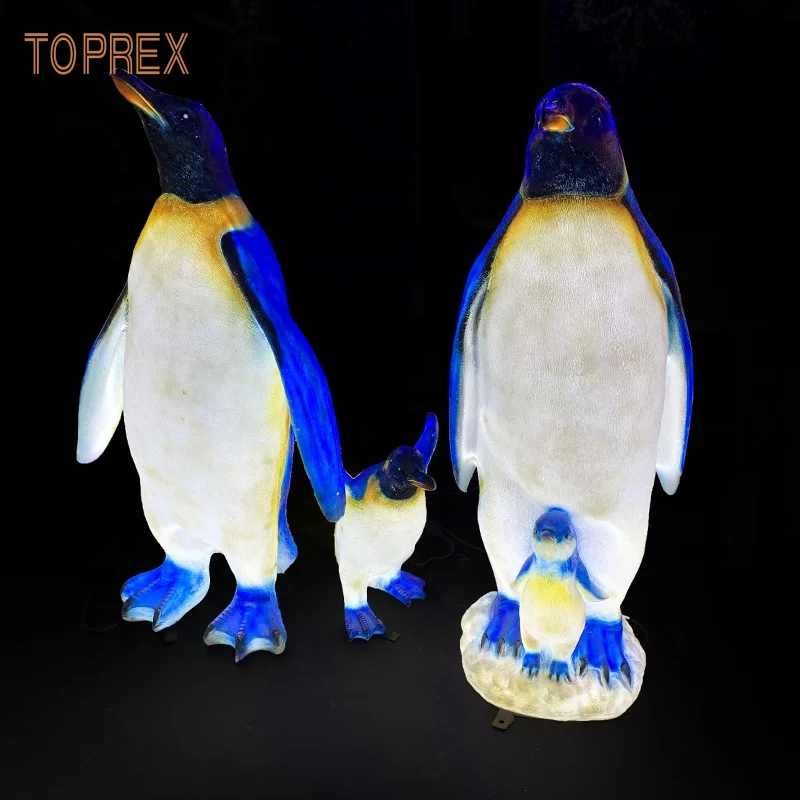 3D Giant Life Size Led Lighted Penguin Fiberglass Resin Statue For Swimming Pool  Carnival Decoration