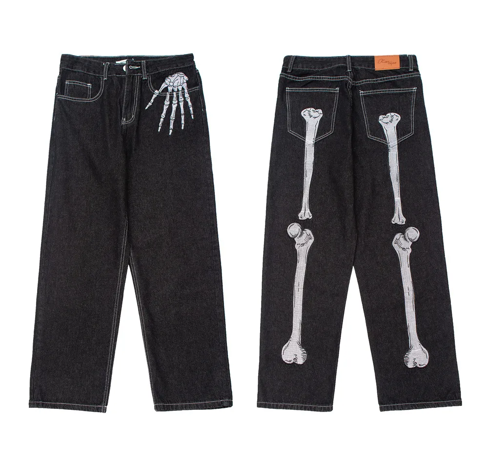Custom Men Fashion Jeans Baggy Straight Embroidered Skeleton Logo Mens Jeans Pants