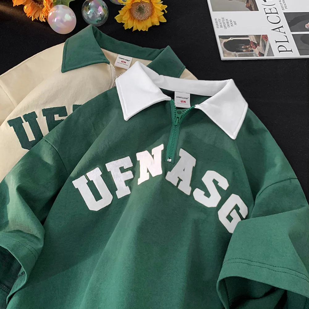 Wholesale Summer Cotton Contrast Color Letter Print Short Sleeve Quarter Zipper Oversized Unisex Polo Shirts