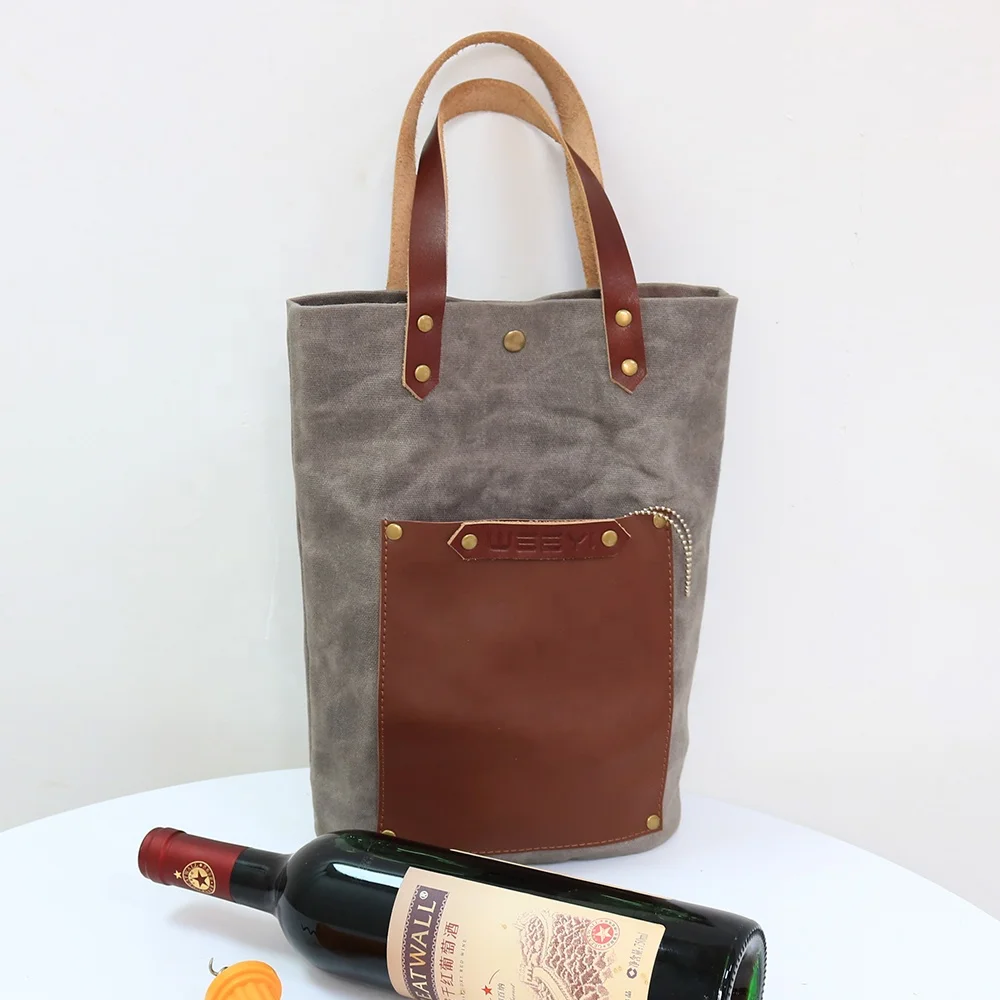 CHANGRONG Custom reusable waterproof grey waxed canvas leather tote bottle carriers wine bag