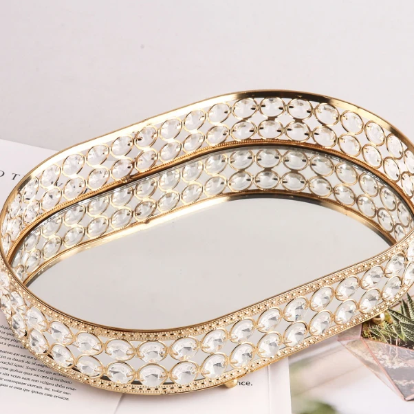 Hight Quality Oval Tray Glass Base Coffee Table Food Luxury Gold Mirror Serving Tray For Home Decor