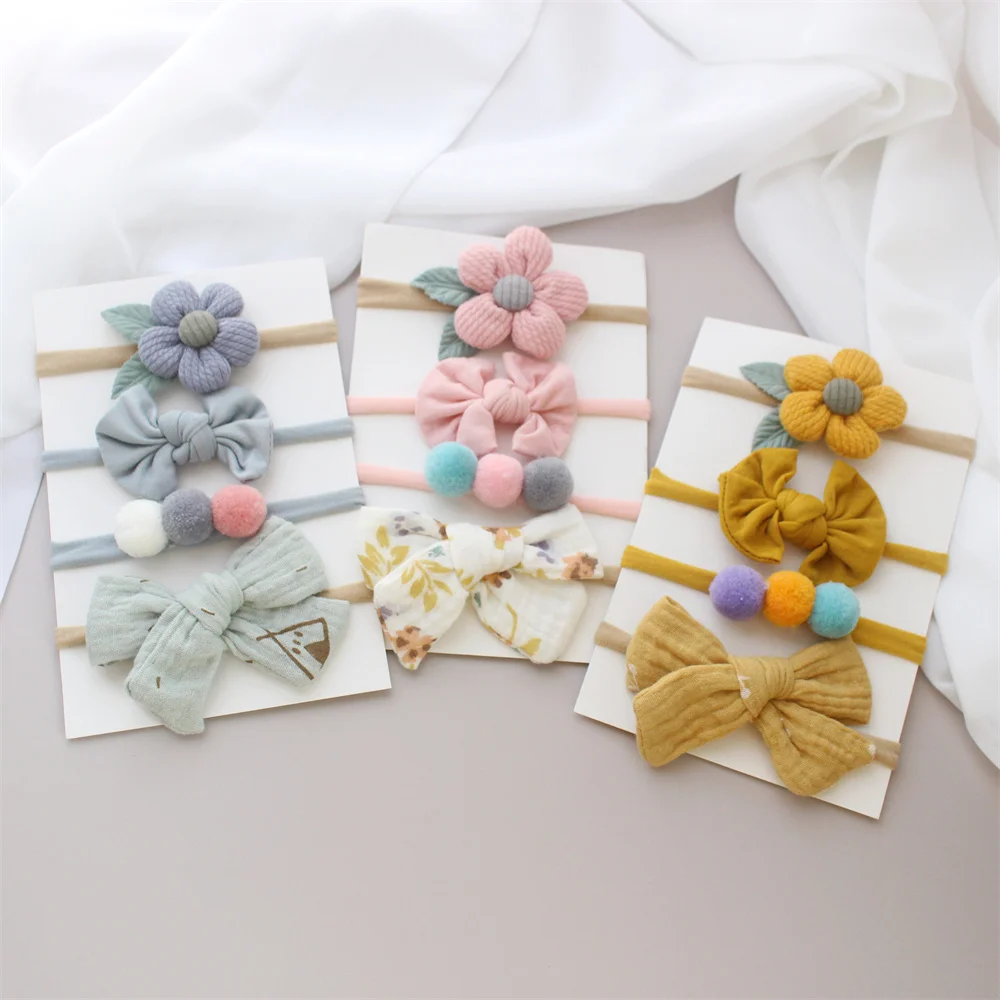 4pcs One Set Baby Flower Headbands Bows For Girls Cotton Pompom Elastic Hair Bands Newborn Knot Hairband Kids Accessories