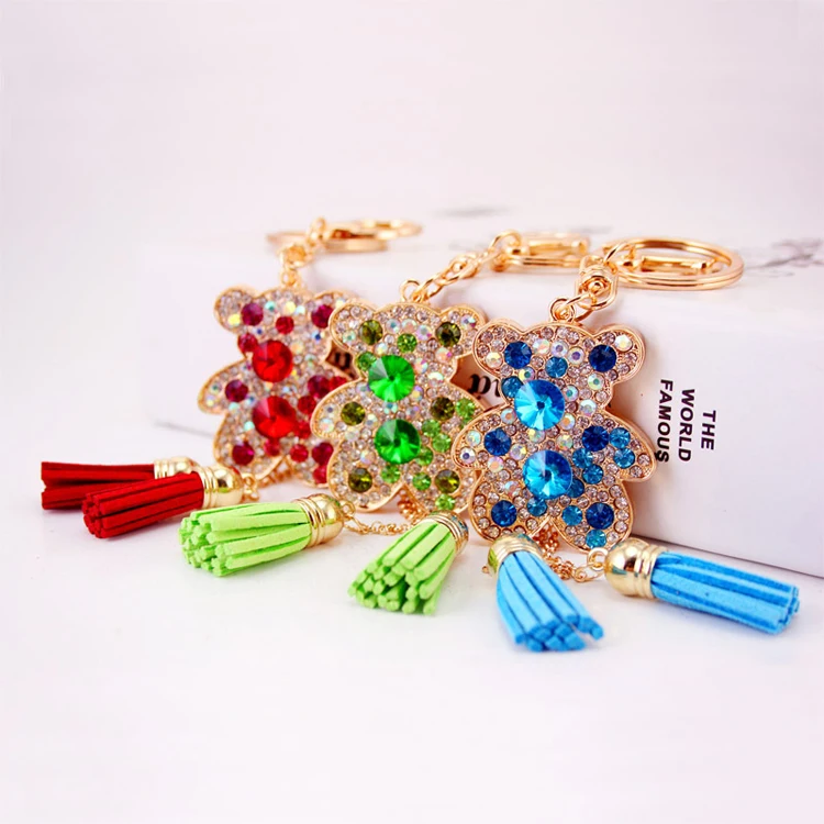 Cute doll key ring keychain handbag 3d metal rhinestone bear keychain with tassel for women money bag handbag pendant decoration