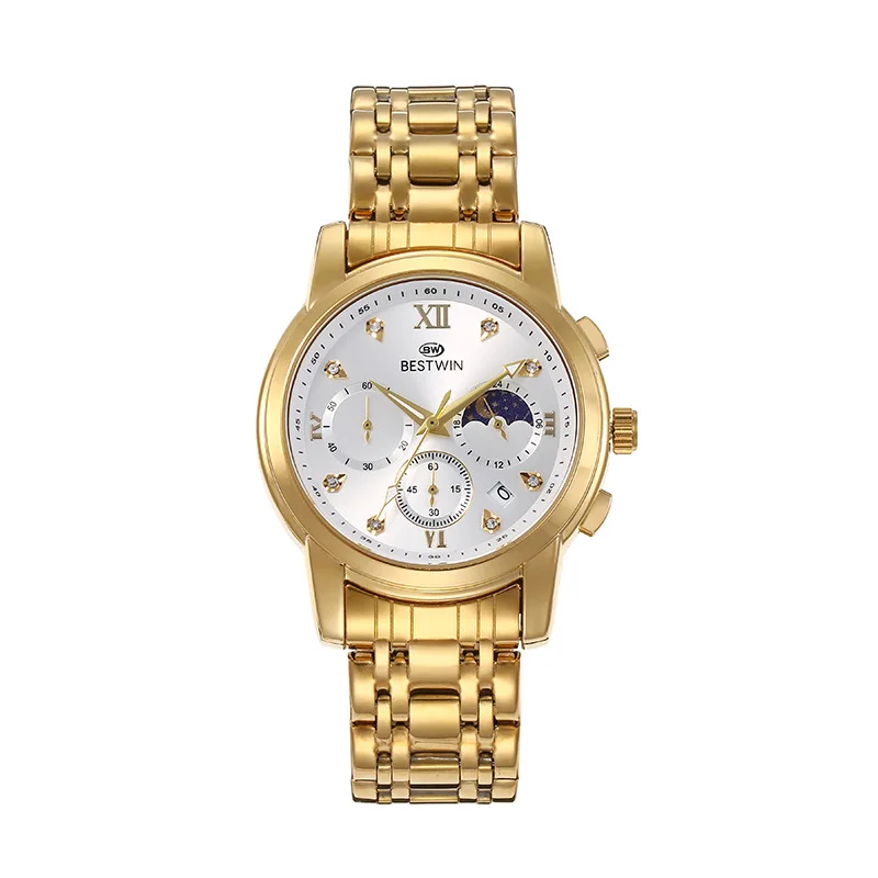 BESTWIN watch High Quality Top Brand Luxury Stainless Steel Quartz Moon Phase Movement Business Watches Men 30M  wrist watch