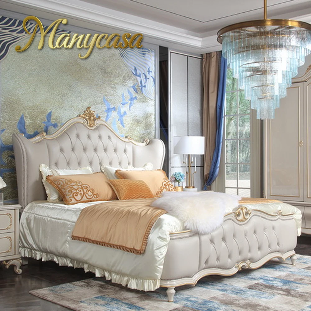 OEM/ODM Bedroom Furniture King Size  Wooden Frame Oak Solid Wooden Leather Bed