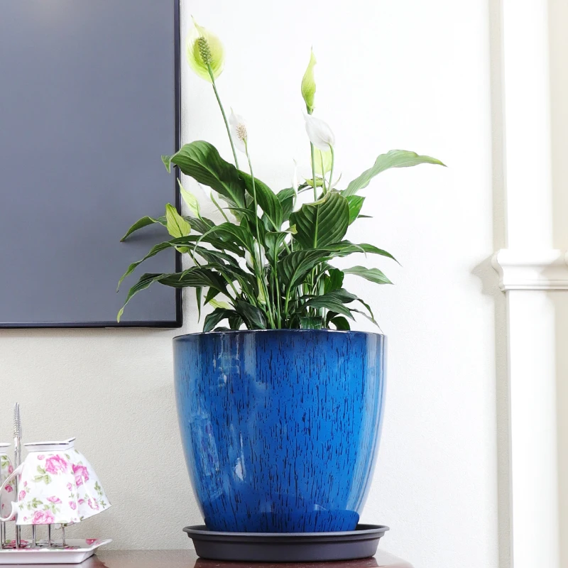 Glazed living room decoration round resin flowerpot thickened highened viewing planting basin Tall pot plastic pot