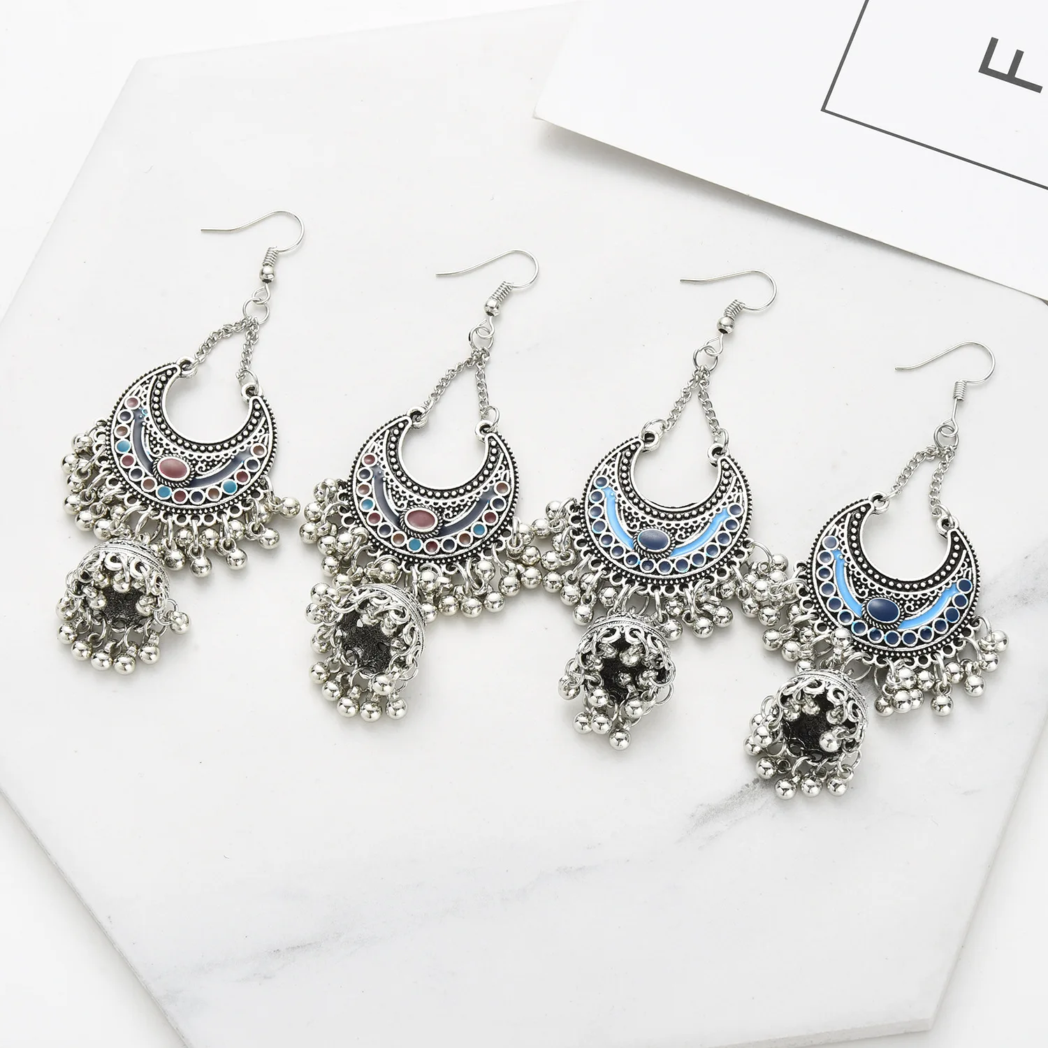 VRIUA Classic Ethnic Tassel Earrings Women Vintage Carved Turkish Silver Bells Tassel Indian Turkey Jewelry Ladies
