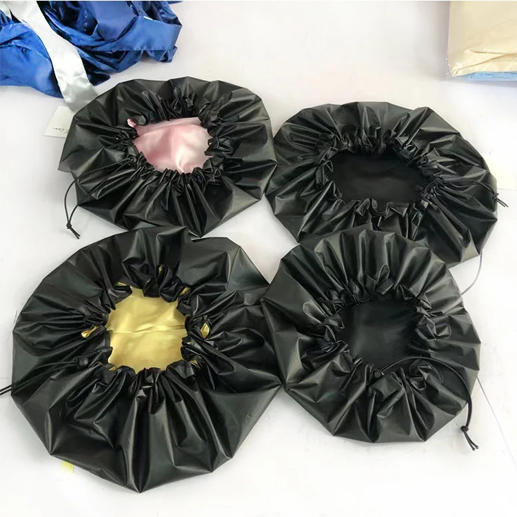 Cutom double lalyers Shower Hat Wholesale Hair Salon Bathing Hats With a stopper Adjustable