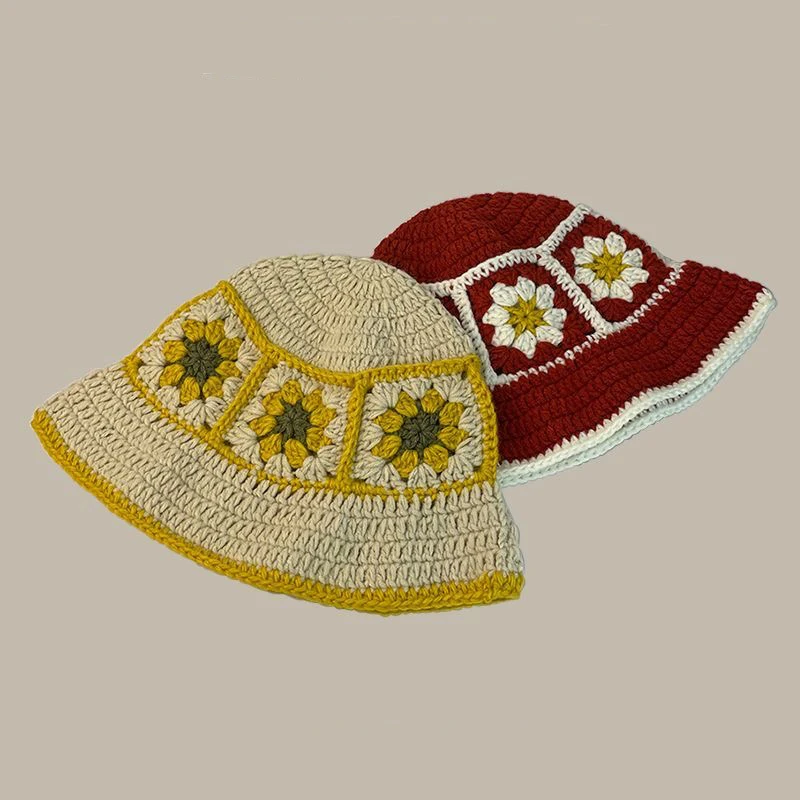 Ladies Fashion Handmade Stylish Crotched Knitted Bucket Hat Hollow Flower Casual Fisherman Hat