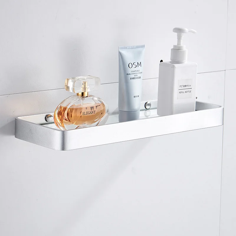 Bathroom Shelving Solution Rectangular Tempered Glass Bathroom Shelf Wall Mounted with Aluminum Frame Shower Storage Organizer